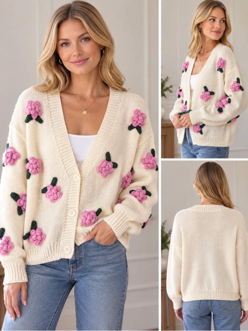 Knit Floral Appliqué Sweater